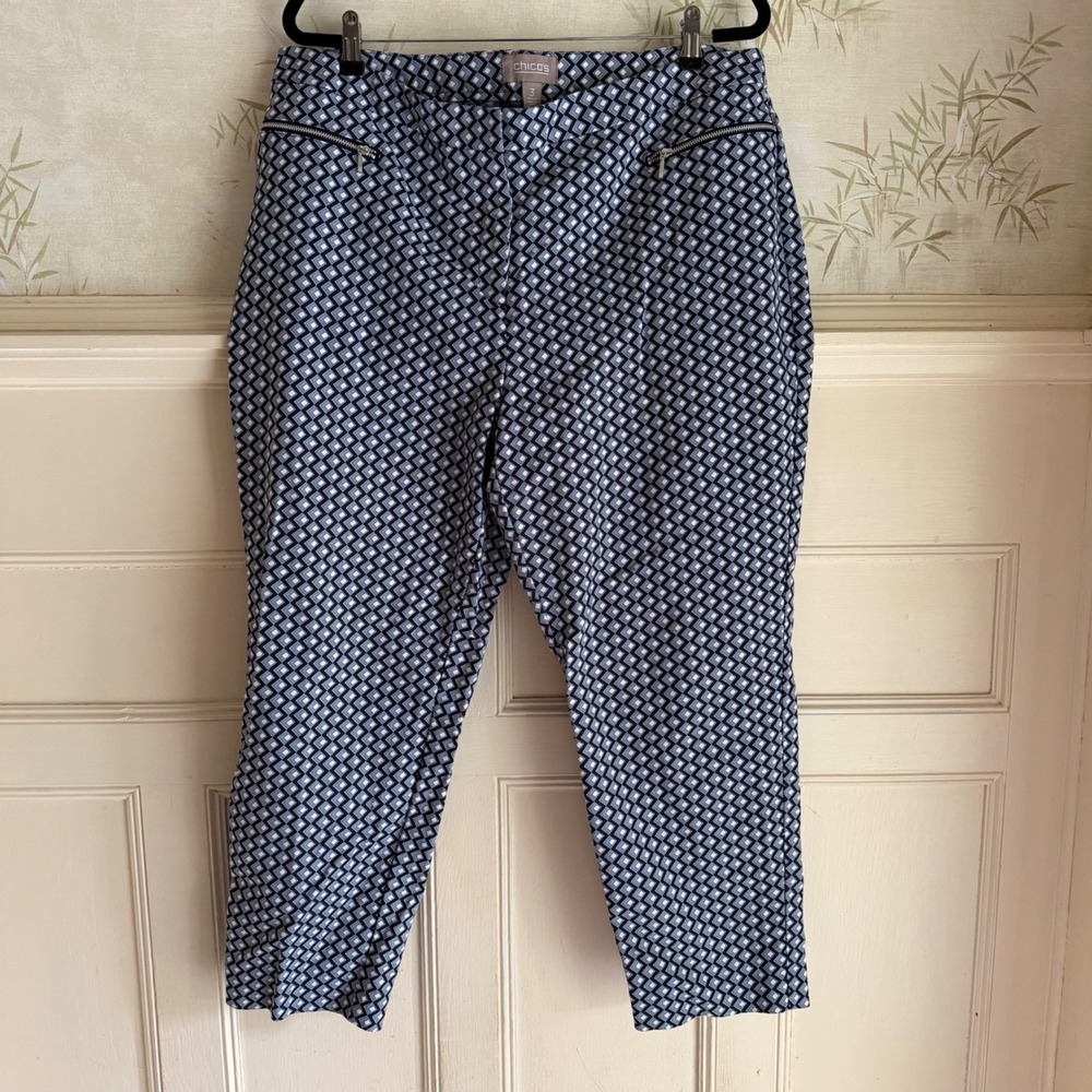 Chico's Ankle Pants Navy Blue White Geometric Diamond Print Stretch Size 3 / XL